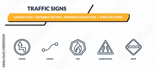 traffic signs icons set - curves, curves, fire, narrow road, bump outline vector collection.