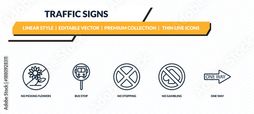 traffic signs icons set - no picking flowers, bus stop, no stopping, no gambling, one way outline vector collection.