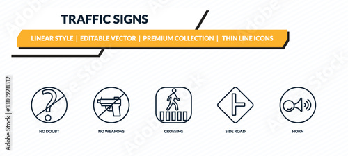traffic signs icons set - no doubt, no weapons, crossing, side road, horn outline vector collection.