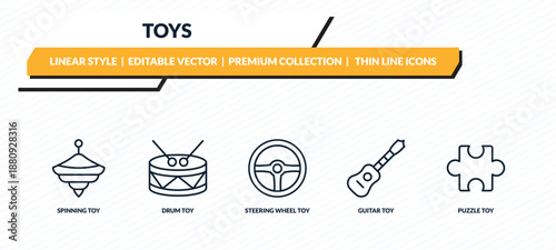 toys icons set - spinning toy, drum toy, steering wheel toy, guitar puzzle outline vector collection.