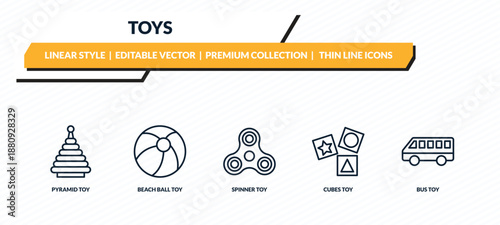 toys icons set - pyramid toy, beach ball toy, spinner toy, cubes bus outline vector collection.