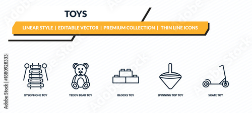 toys icons set - xylophone toy, teddy bear toy, blocks toy, spinning top skate outline vector collection.