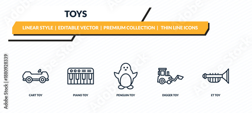 toys icons set - cart toy, piano toy, penguin toy, digger et outline vector collection.