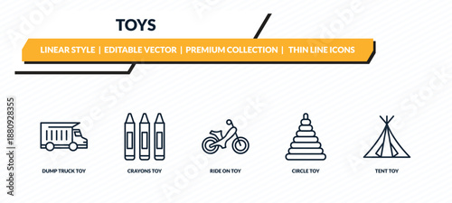 toys icons set - dump truck toy, crayons toy, ride on toy, circle tent outline vector collection.