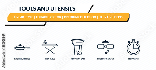 tools and utensils icons set - kitchen utensils, iron table, recycling can, pipe losing water, stopwatch outline vector collection.
