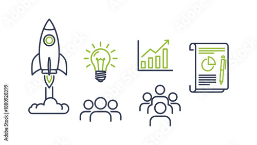 Line icons illustrating business startup, innovation, team collaboration, growth, and strategic planning.