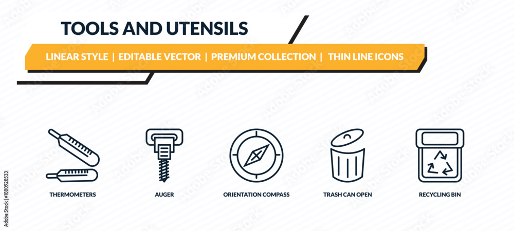 Fototapeta premium tools and utensils icons set - thermometers, auger, orientation compass, trash can open, recycling bin outline vector collection.