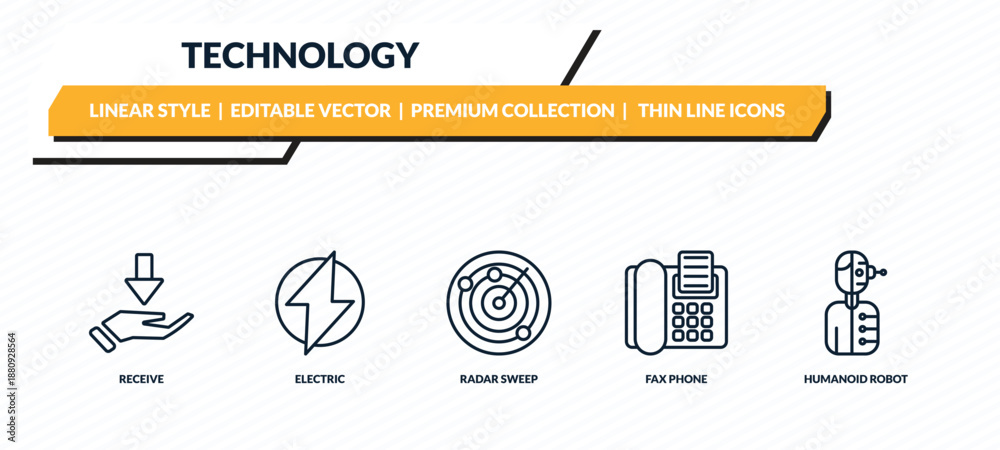 Fototapeta premium technology icons set - receive, electric, radar sweep, fax phone, humanoid robot outline vector collection.