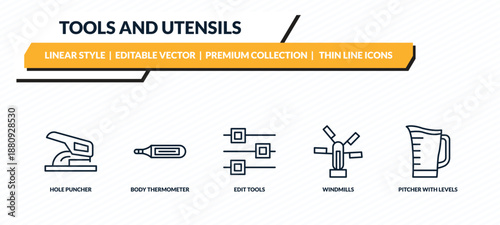 tools and utensils icons set - hole puncher, body thermometer, edit tools, windmills, pitcher with levels outline vector collection.