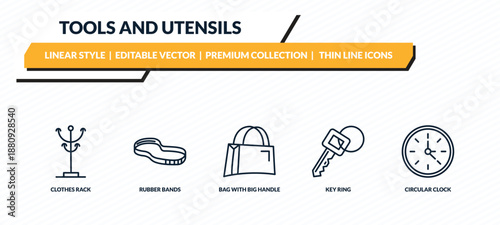 tools and utensils icons set - clothes rack, rubber bands, bag with big handle, key ring, circular clock outline vector collection.