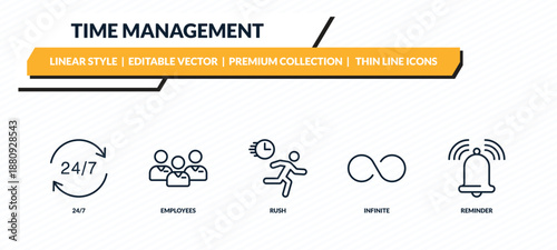 time management icons set - 24/7, employees, rush, infinite, reminder outline vector collection.