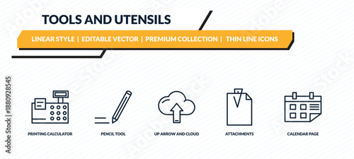 tools and utensils icons set - printing calculator, pencil tool, up arrow and cloud, attachments, calendar page outline vector collection.