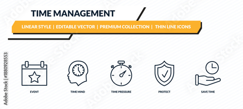 time management icons set - event, time mind, time pressure, protect, save outline vector collection.