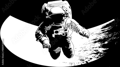 Astronaut floating in deep space above a distant planet, stylized black and white illustration of cosmic exploration journey.