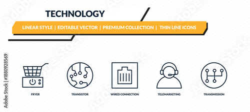 technology icons set - fryer, transistor, wired connection, telemarketing, transmission outline vector collection.