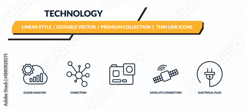 technology icons set - cloud analysis, conection, , satellite connection, electrical plug outline vector collection.
