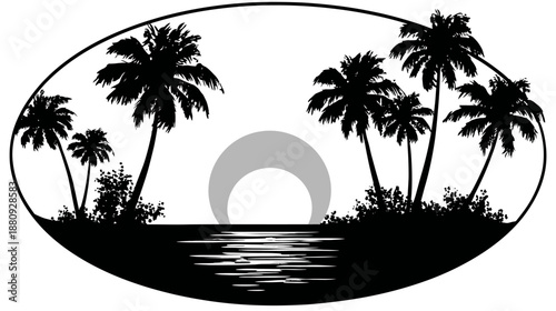 Tropical island sunset with palm trees silhouette vector illustration in oval frame, serene beach scene, black and white ocean horizon.