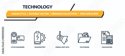 technology icons set - little camcorder, solar battery, cinema light with cable, file storage, calculations outline vector collection.