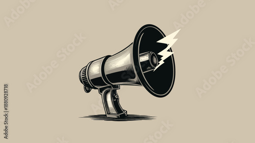 Vintage Engraved Megaphone with Lightning Bolt Symbol. Classic Bullhorn for Announcement, Communication, Protest, and Attention.