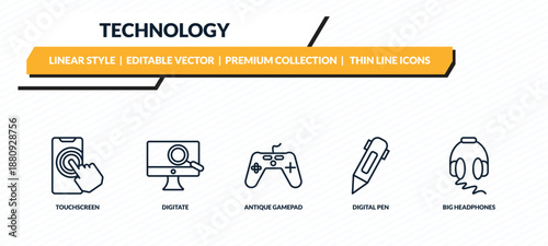 technology icons set - touchscreen, digitate, antique gamepad, digital pen, big headphones outline vector collection.