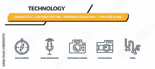 technology icons set - basic compass, radio microphone, photograph camera, vintage digital camera, tinsel outline vector collection.