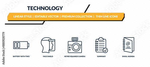 technology icons set - battery with two bars, face shield, retro squared camera, summary, email agenda outline vector collection.