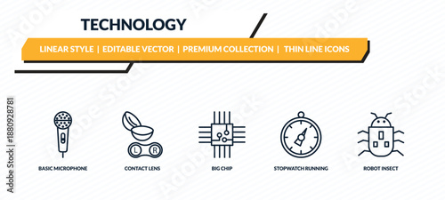 technology icons set - basic microphone, contact lens, big chip, stopwatch running, robot insect outline vector collection.