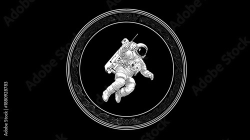 Detailed vintage engraving of an astronaut floating in cosmic outer space, encircled by an ornate decorative frame on a black background.