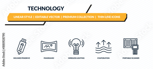 technology icons set - inclined pendrive, panoramic, wireless lighting, evaporation, portable scanner outline vector collection.