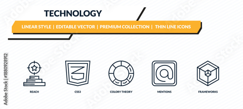 technology icons set - reach, css3, colory theory, mentions, frameworks outline vector collection.