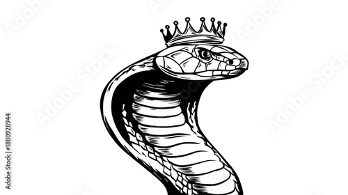 Majestic Cobra Snake Illustration with a Crown, Black and White Drawing Symbolizing Royalty, Power, and Danger