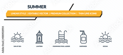 summer icons set - sun at sea, lantern, swimming pool ladder, dispenser, ocean outline vector collection.