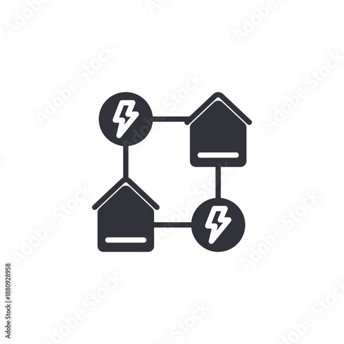 Smart home energy icon with houses and lightning symbols representing residential electricity network, power management, and sustainable living concept.