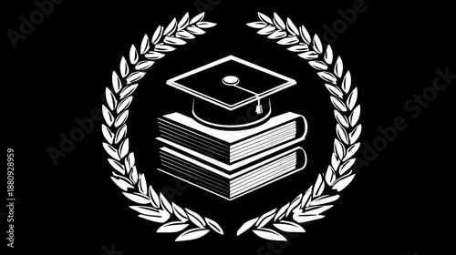 Education success icon with graduation cap, stacked books, and laurel wreath for academic achievement and knowledge