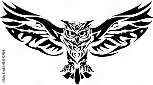 Tribal style flying owl vector illustration. Majestic black nocturnal bird with spread wings, mystic symbol design, isolated on white.