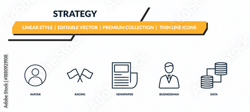 strategy icons set - avatar, racing, newspaper, businessman, data outline vector collection.
