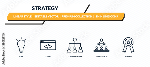 strategy icons set - idea, coding, collaboration, conference, award outline vector collection.