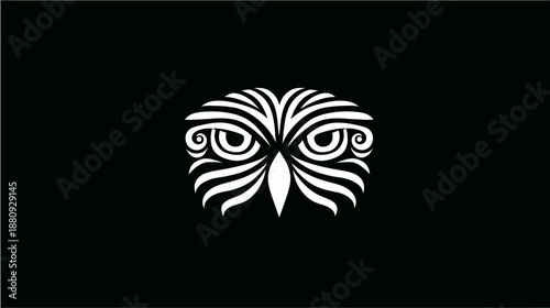 Stylized white owl face illustration on black background, intricate ornamental design, wise nocturnal bird eyes, minimalist graphic art