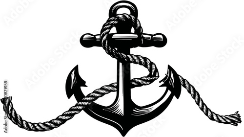 Classic nautical anchor with rope illustration, black and white marine symbol, vintage sea exploration graphic design element.