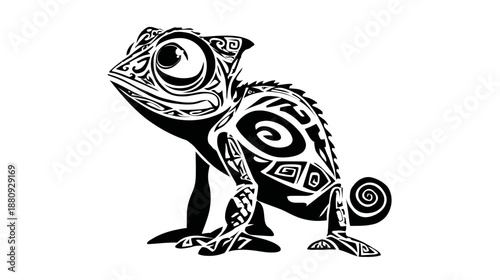 Cute tribal chameleon vector illustration. Stylized black and white reptile with intricate patterns, exotic animal art design.