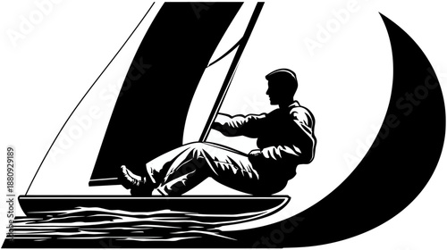 Monochrome illustration of a person actively sailing a small dinghy boat on the water, depicting a recreational water sport activity.