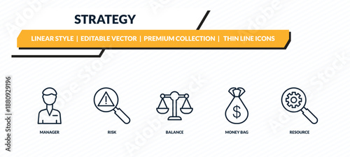 strategy icons set - manager, risk, balance, money bag, resource outline vector collection.