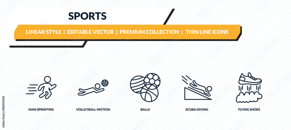 Naklejka premium sports icons set - man sprinting, volleyball motion, balls, scuba diving, flying shoes outline vector collection.