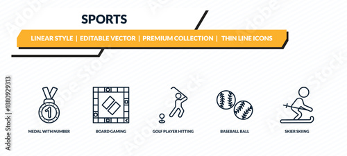 sports icons set - medal with number 1, board gaming, golf player hitting, baseball ball, skier skiing outline vector collection.