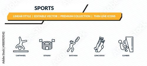 sports icons set - cartwheel, estadio, bats man, long socks, climber outline vector collection.