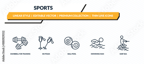sports icons set - dumbbell for training, ski poles, ball pool, swimming man, surf sea outline vector collection.