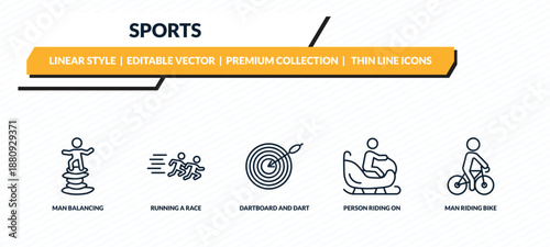 sports icons set - man balancing, running a race, dartboard and dart, person riding on sleigh, man riding bike outline vector collection.