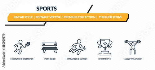 sports icons set - man playing badminton, work bench, marathon champion, sport trophy, man lifting weight outline vector collection.