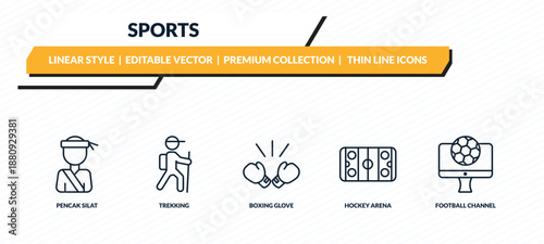 sports icons set - pencak silat, trekking, boxing glove, hockey arena, football channel outline vector collection.