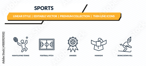 sports icons set - man playing tennis, football pitch, awards, mawashi, skiing down hill outline vector collection.